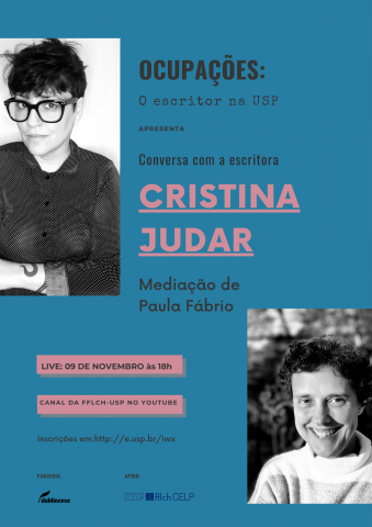 Banner do evento com fotos em preto e branco de Cristina Judar e Paula Fábrio. O fundo do banner é azul e algumas informações, presentes na descrição da página, estão em rosa.