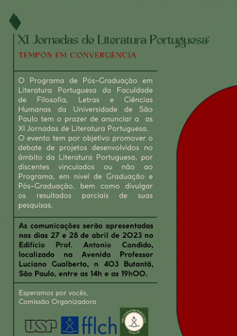 Banner de divulgação do evento XI Jornada de Literatura Portuguesa: tempos em convergência. Com fundo verde e detalhe em vermelho. Por escrito, os mesmos dizeres do texto de descrição.